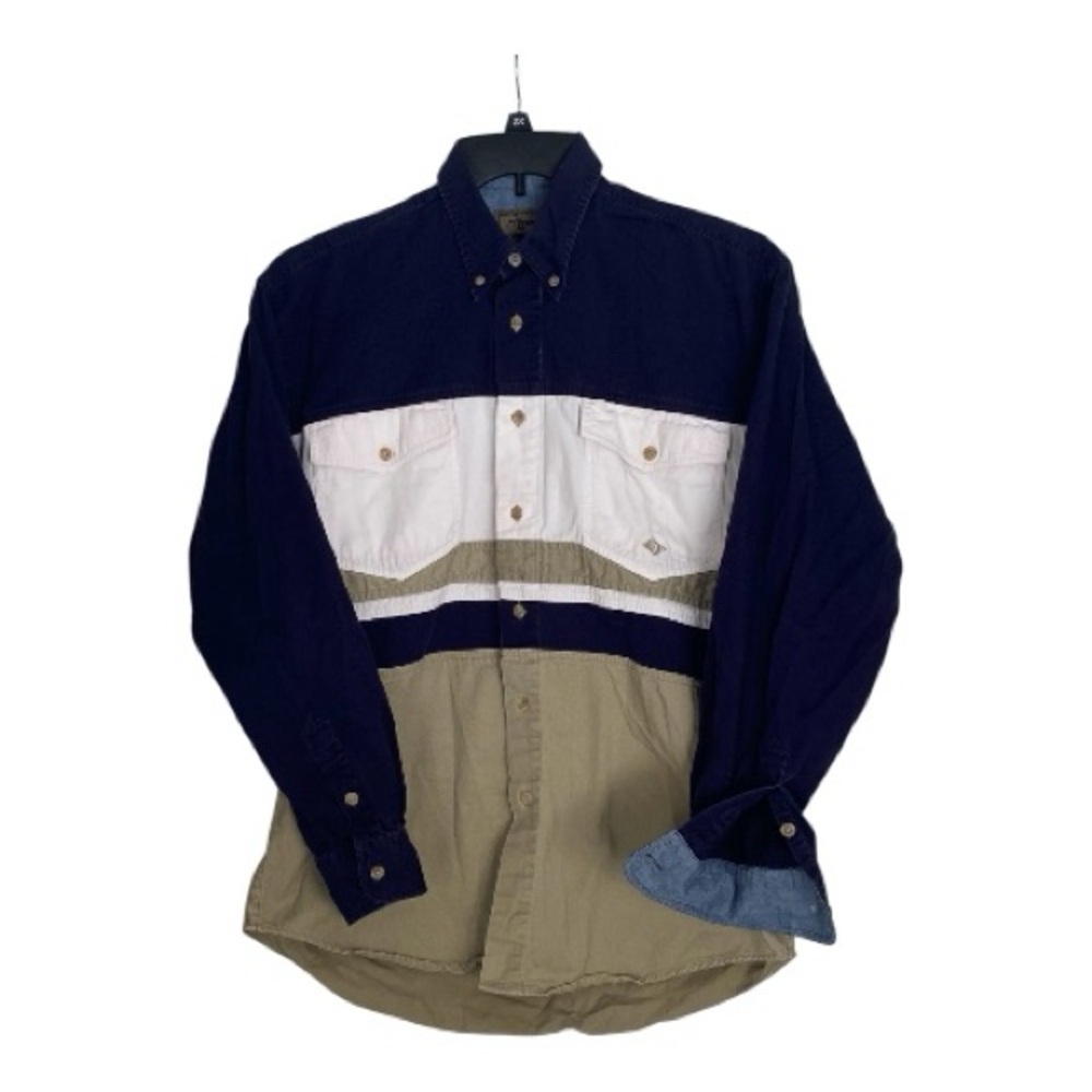 ROPER Mens Sz M Button Up Shirt Blue Beige Olive Color-blocks Casual Outdoors